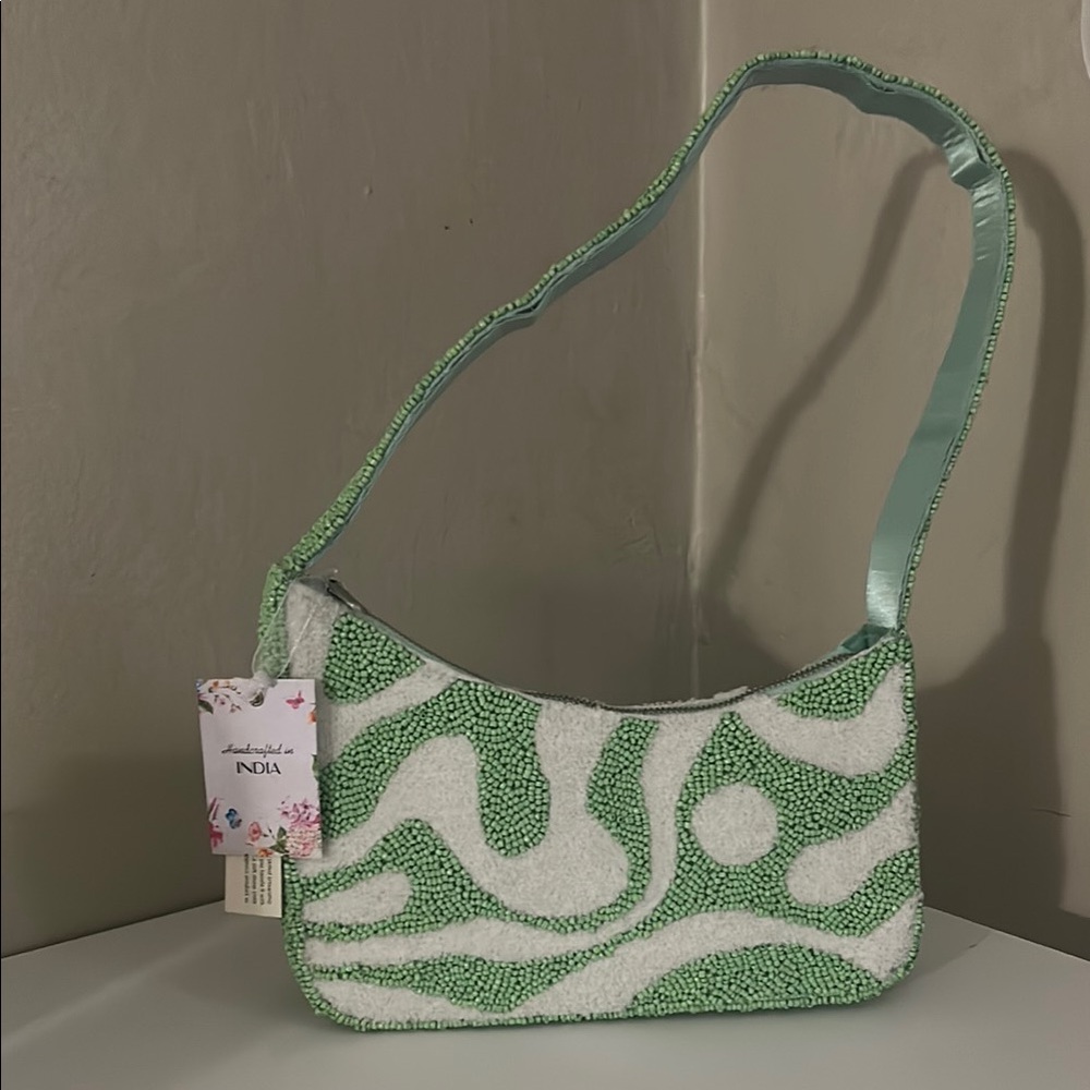 NWT Handcrafted in India Green and White Beaded Shoulder Bag